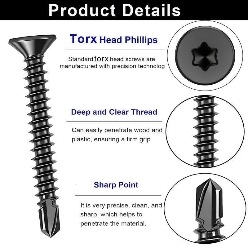 HanTof 100Pcs Torx Drive High-Strength Quick Tapping Screws for Metal, Black #8 x 1/2" Flat Head Self Drilling Screws, 410 Stainless Steel Sheet Metal TEK Screws Assortment with 1 Pcs T20 Bits - Image 3